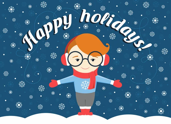 Vector illustratie van jongen of jonge man die onder vliegende sneeuwvlok en tekst "Happy holiday!". — Stockvector