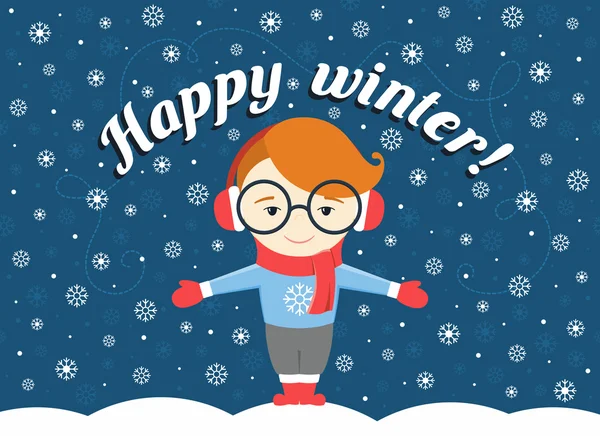 Vektor-Illustration eines Jungen oder jungen Mannes, der unter einer fliegenden Schneeflocke steht, und Text "froher Winter!" — Stockvektor
