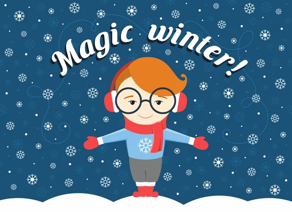Vektor-Illustration eines Jungen oder jungen Mannes, der unter einer fliegenden Schneeflocke steht und Text "magischer Winter!" — Stockvektor