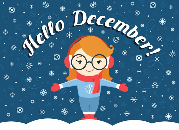 Vektor Illustration von Mädchen, die unter fliegender Schneeflocke und Text "hallo Dezember!" — Stockvektor