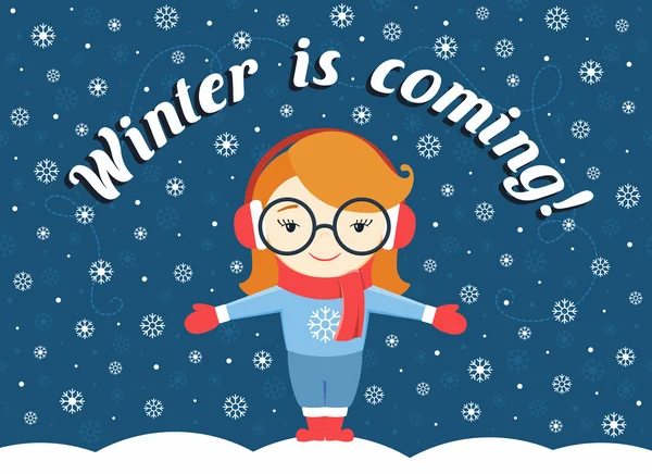 Vektor-Illustration eines Mädchens, das unter einer fliegenden Schneeflocke steht und Text "Der Winter kommt!" — Stockvektor
