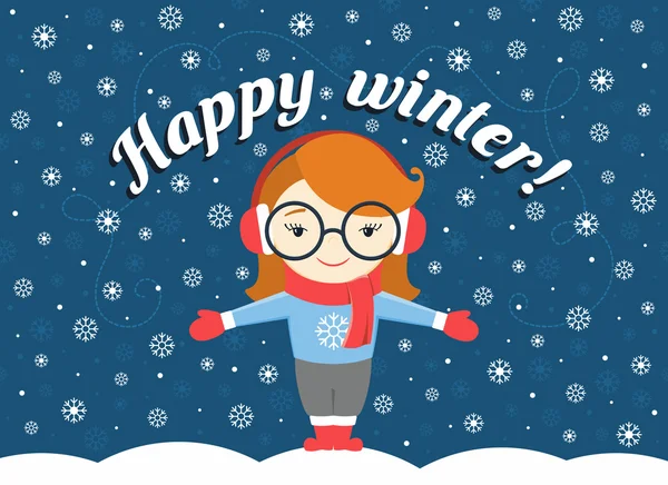 Vektor-Illustration des Mädchens, das unter fliegender Schneeflocke steht und Text "froher Winter!" — Stockvektor