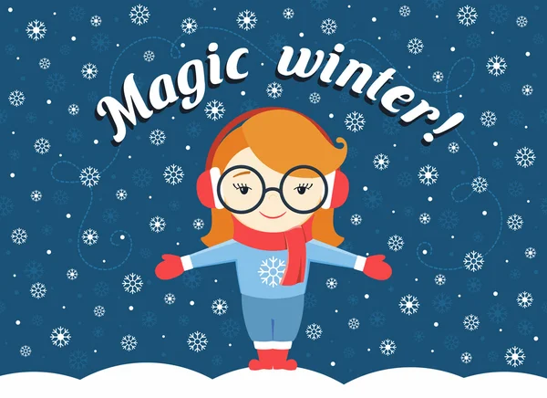 Vektor Illustration von Mädchen, die unter fliegender Schneeflocke und Text "magischer Winter!" — Stockvektor