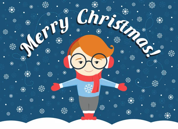 Vectorillustratie van jongen of jonge man die onder vliegen sneeuwvlok en tekst "Merry Christmas!" — Stockvector