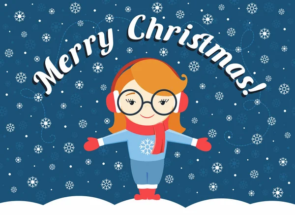 Vectorillustratie van meisje permanent onder vliegen sneeuwvlok en tekst "Merry Christmas!" — Stockvector