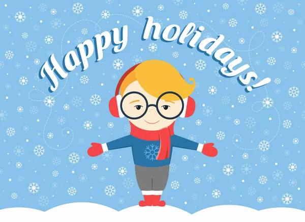 Vector illustratie van jongen of jonge man die onder vliegen sneeuwvlok en tekst "Happy holidays!" — Stockvector