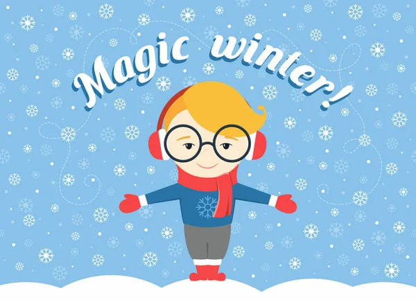 Vektor-Illustration eines Jungen oder jungen Mannes, der unter einer fliegenden Schneeflocke steht und Text "magischer Winter!" — Stockvektor