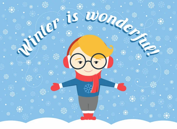 Vektor-Illustration eines Jungen oder jungen Mannes, der unter einer fliegenden Schneeflocke steht und Text "Winter ist wunderbar!" — Stockvektor