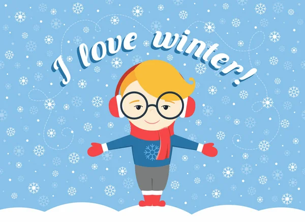 Vektor-Illustration eines Jungen oder jungen Mannes, der unter einer fliegenden Schneeflocke steht und Text "Ich liebe den Winter!" — Stockvektor
