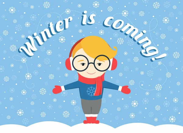 Vektor-Illustration eines Jungen oder jungen Mannes, der unter einer fliegenden Schneeflocke steht und Text "Der Winter kommt!" — Stockvektor