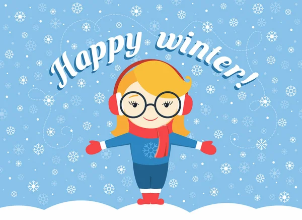 Vektor-Illustration des Mädchens, das unter fliegender Schneeflocke steht und Text "froher Winter!" — Stockvektor