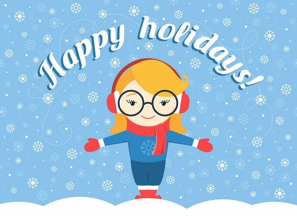 Vectorillustratie van meisje permanent onder vliegen sneeuwvlok en tekst "Happy holidays!" — Stockvector