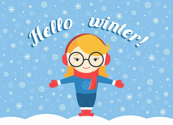 Vektor Illustration von Mädchen, die unter fliegender Schneeflocke und Text "Hallo Winter!" — Stockvektor