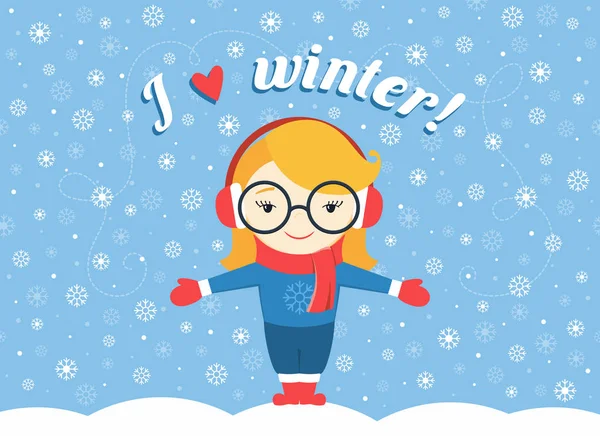 Vektor Illustration von Mädchen, die unter fliegender Schneeflocke und Text "Ich liebe den Winter!" — Stockvektor