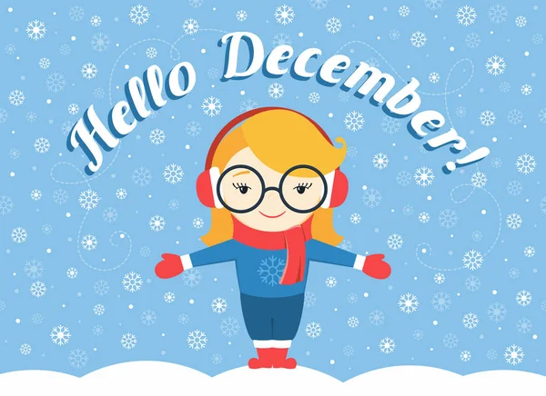Vektor Illustration von Mädchen, die unter fliegender Schneeflocke und Text "hallo Dezember!" — Stockvektor