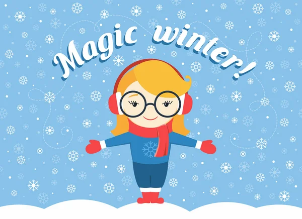 Vektor Illustration von Mädchen, die unter fliegender Schneeflocke und Text "magischer Winter!" — Stockvektor