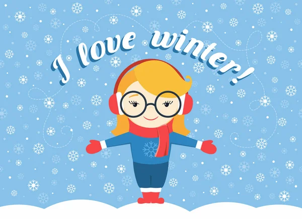 Vektor Illustration von Mädchen, die unter fliegender Schneeflocke und Text "Ich liebe den Winter!" — Stockvektor