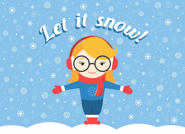 Vektor Illustration des Mädchens, das unter fliegender Schneeflocke steht und Text "lass es schneien!" — Stockvektor