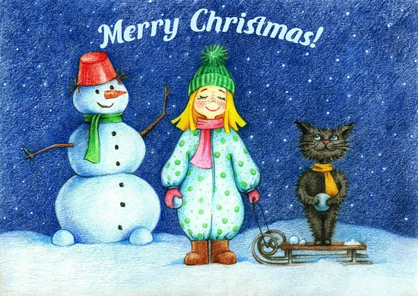 Hands drawn picture of girl, cat and snow man standing under flying snowflakes by the pencils and text "Merry Christmas!" — Stock Photo, Image