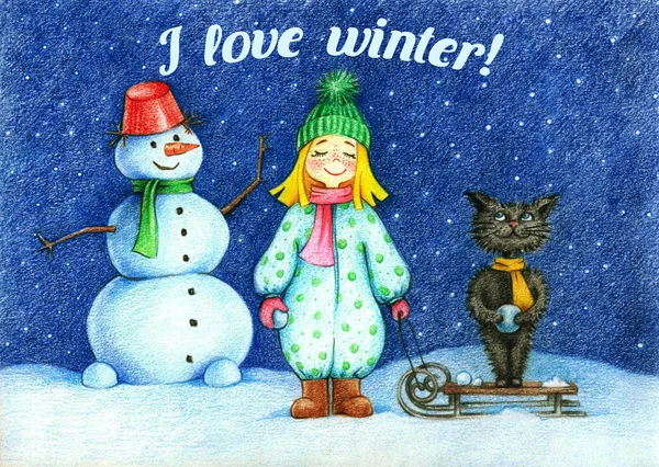 Mains dessinées image de fille, chat et bonhomme de neige debout sous des flocons de neige volant par les crayons et le texte "J'aime l'hiver !" — Photo