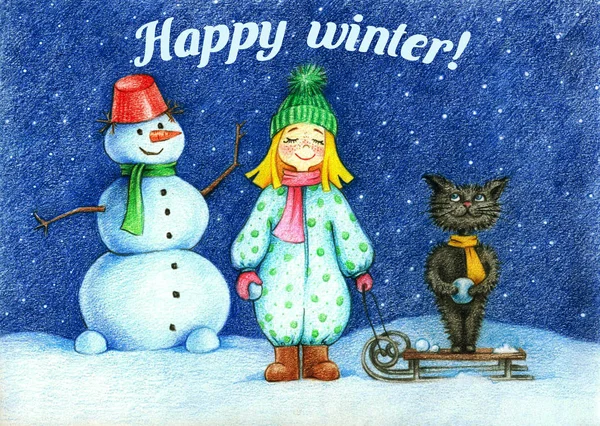 Mains dessinées image de fille, chat et bonhomme de neige debout sous des flocons de neige volant par les crayons et le texte "Bon hiver !" — Photo