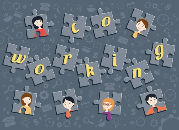 Illustration vectorielle de dessin plat de puzzle avec portrait de travailleurs de bureau et texte "coworking " — Image vectorielle