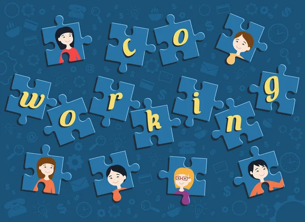 Illustration vectorielle de dessin plat de puzzle avec portrait de travailleurs de bureau et texte "coworking " — Image vectorielle