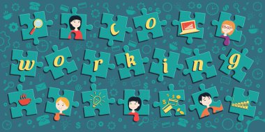 Parçalı bulmaca vektör çizim Ofis çalışanları ve iş ikonları/simgeleri ve metin 