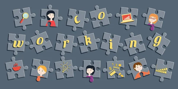 Vektorillustration av pussel med porträtt av kontorsanställda och business ikoner och text "coworking" — Stock vektor