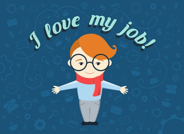 Platt design vektor illustration av ung affärsman och texten "Jag älskar mitt jobb" — Stock vektor