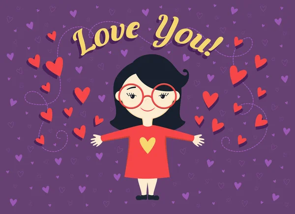 Illustration vectorielle design plat de fille heureuse ou jeune femme en robe rouge sur fond violet avec des cœurs et du texte "love you " — Image vectorielle