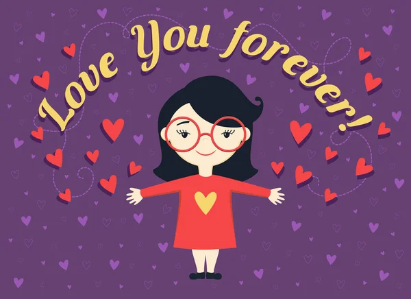 Diseño plano vector ilustración de niña feliz o mujer joven en vestido rojo sobre fondo violeta con corazones y texto "Te amo para siempre " — Archivo Imágenes Vectoriales