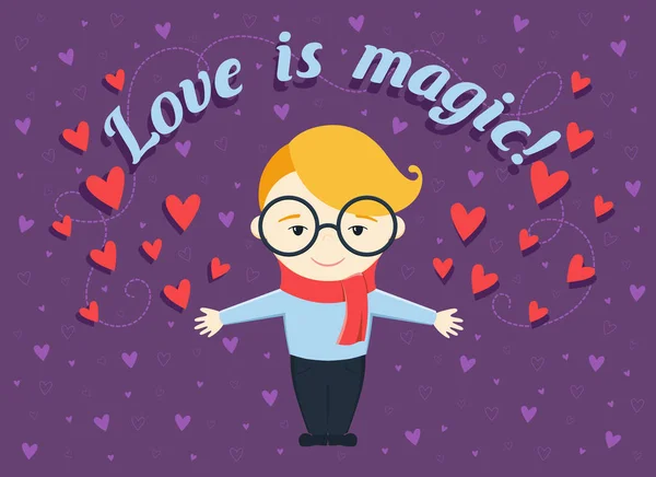 Flaches Design Vektor Illustration des glücklichen Jungen oder jungen Mannes auf violettem Hintergrund mit Herzen und Text "Liebe ist Magie!" — Stockvektor