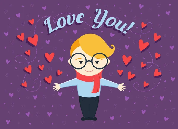 Platte ontwerp vector illustratie van gelukkige jongen of jonge man op violette achtergrond met hartjes en tekst "Love you!" — Stockvector