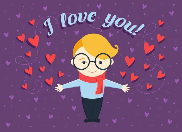 Επίπεδη σχεδίαση εικονογράφηση διάνυσμα ευτυχισμένο αγόρι ή νεαρός άνδρας σε μοβ φόντο με τις καρδιές και το κείμενο «σ 'αγαπώ!" — Διανυσματικό Αρχείο