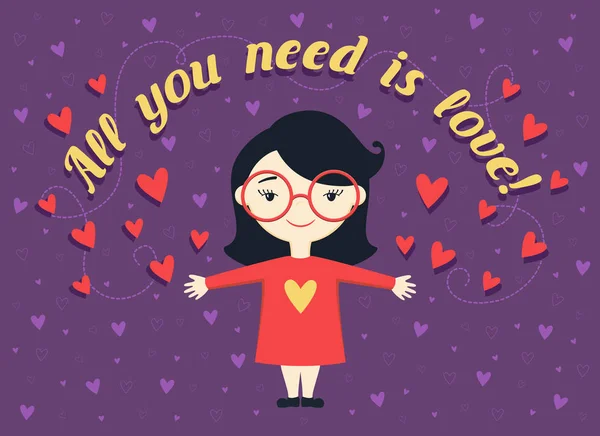 Flache Designvektorillustration eines glücklichen Mädchens oder einer jungen Frau in rotem Kleid auf violettem Hintergrund mit Herzen und Text "Alles, was du brauchst, ist Liebe!" — Stockvektor