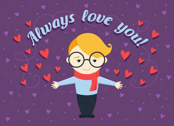 Diseño plano vector ilustración de niño feliz o joven sobre fondo violeta con corazones y texto "Siempre te amo !" — Archivo Imágenes Vectoriales