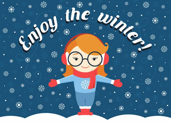 Vektor Illustration von Mädchen, die unter fliegender Schneeflocke stehen und Text "den Winter genießen" — Stockfoto