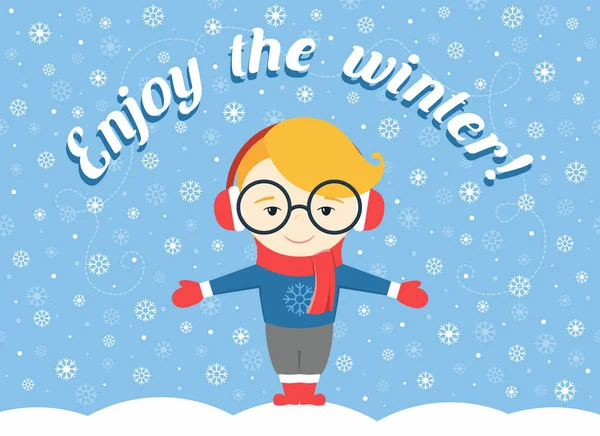 Vektor-Illustration eines Jungen, der unter einer fliegenden Schneeflocke steht und Text "den Winter genießen" — Stockvektor