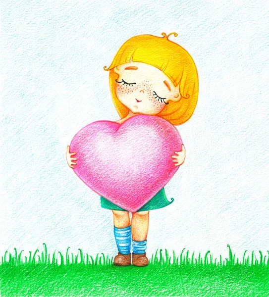 Hands drawn picture of young girl in green dress with pink heart standing on grass by the color pencils — Stock Photo, Image