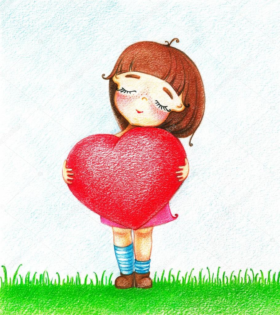 Hands drawn picture of young girl in pink dress with red heart standing on grass by the color pencils