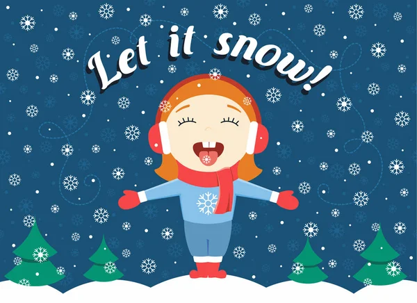 Flache Designvektorillustration des netten kleinen Mädchens, das an einem Winterabend im Park steht und Schneeflocken, schweren Schnee und Text "lass es schneien!" — Stockvektor