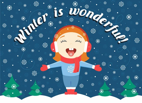 Flache Designvektorillustration des netten kleinen Mädchens, das an einem Winterabend im Park steht und Schneeflocken, starken Schnee und Text "Winter ist wunderbar!" — Stockvektor