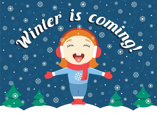 Flaches Design Vektor Illustration von niedlichen kleinen Mädchen, die im Park an einem Winterabend stehen und fangen Schneeflocken, schwerer Schnee — Stockvektor