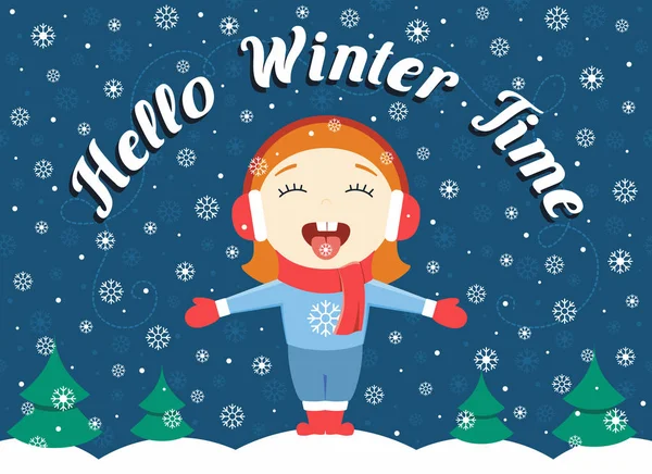 Plochý design vektorové ilustrace roztomilé děvčátko stojí v parku na zimní večer a chytat vločky, těžký sníh a text "Hello zimní čas" — Stockový vektor