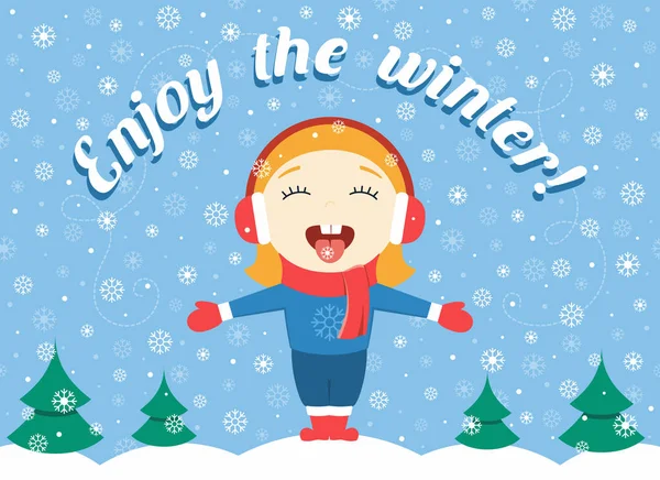 Plochý design vektorové ilustrace roztomilé děvčátko stojí v parku na zimní den a chytat vločky, těžký sníh a text "Užijte si zimu!" — Stockový vektor