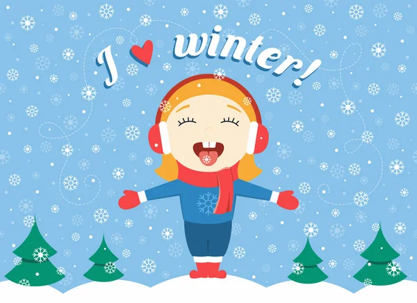 Flaches Design Vektor Illustration von niedlichen kleinen Mädchen, die an einem Wintertag im Park stehen und fangen Schneeflocken, schwerer Schnee und Text "Ich liebe den Winter!" — Stockvektor
