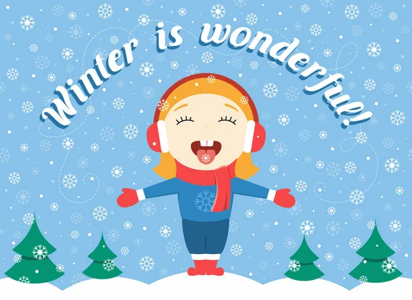Plochý design vektorové ilustrace roztomilé děvčátko stojí v parku na zimní den a chytat vločky, těžký sníh a text "zima je úžasné!" — Stockový vektor