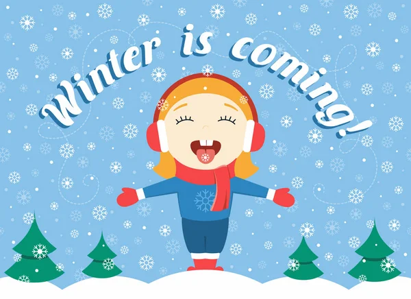 Flache Designvektorillustration des netten kleinen Mädchens, das an einem Wintertag im Park steht und Schneeflocken, starken Schnee und Text "Der Winter kommt!" — Stockvektor