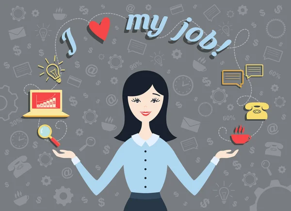 Diseño plano vector ilustración de asistente personal o mujer trabajadora con sonrisa y texto "Me encanta mi trabajo !" — Archivo Imágenes Vectoriales